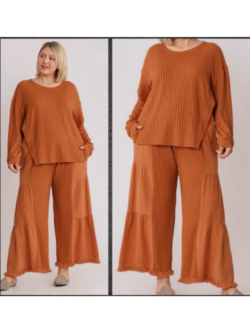Umgee Textured Linen Blend Tiered Wide-Leg Culotte Pants in Sunset Orange